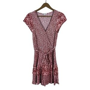 American Eagle Mixed Floral Ditsy Wrap Mini Dress Burgundy Boho Tiered Size S
